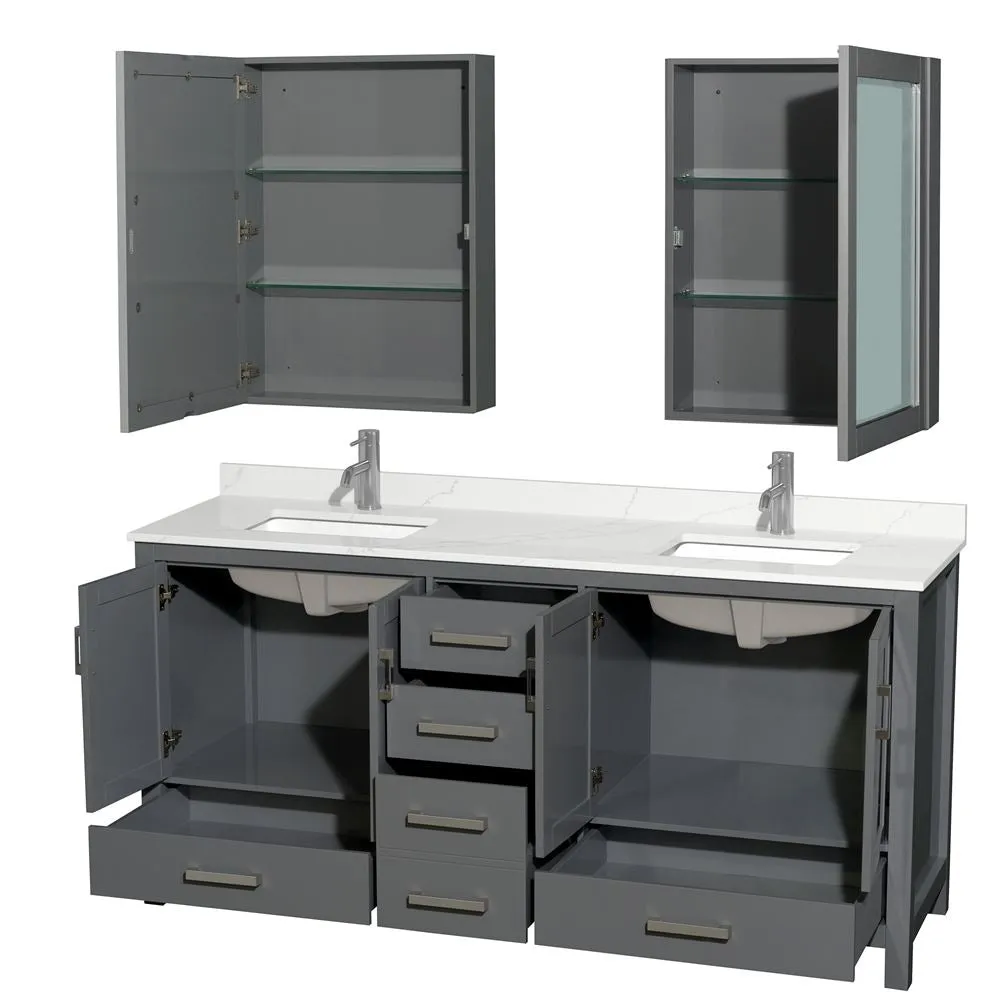 Wyndham Collection Sheffield 72-in Dark Gray Double Sink Bathroom Vanity with White Carrara Marble Top, Mirrors Included, photo 8 of 9