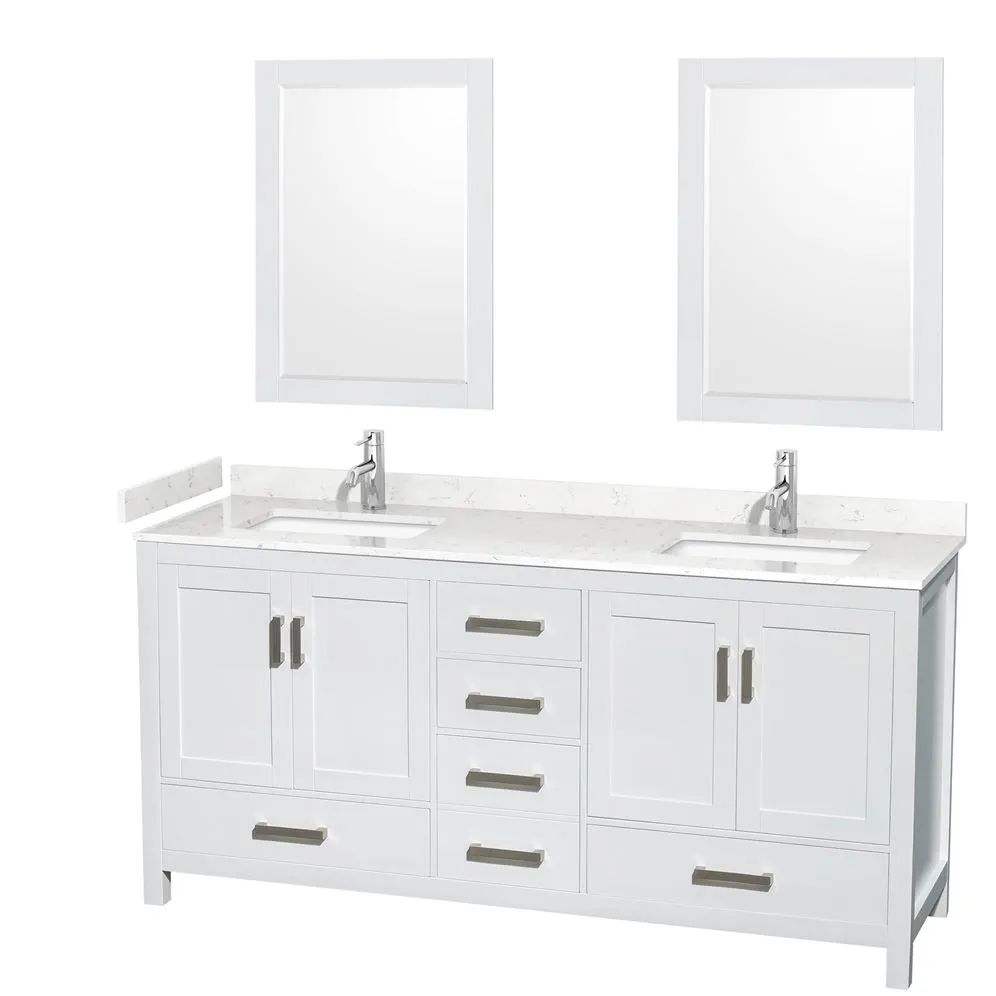 Wyndham Collection Sheffield 72-in White Double Sink Bathroom Vanity with White Carrara Marble Top, Mirror Included, photo 8 of 10