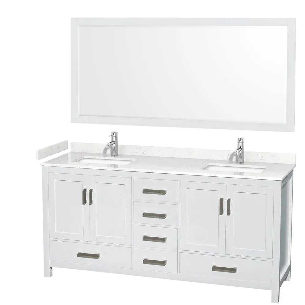 Wyndham Collection Sheffield 72-in White Double Sink Bathroom Vanity with White Carrara Marble Top, Mirror Included, photo 7 of 10