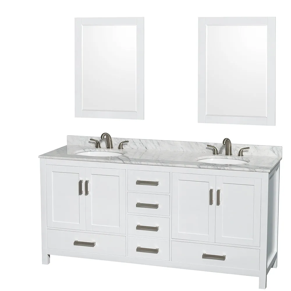 Wyndham Collection Sheffield 72-in White Double Sink Bathroom Vanity with White Carrara Marble Top, Mirror Included, photo 3 of 10
