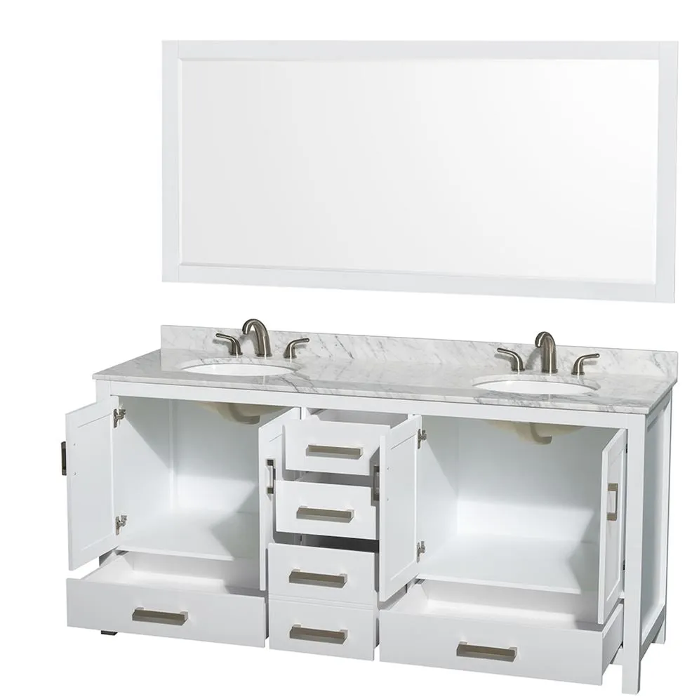 Wyndham Collection Sheffield 72-in White Double Sink Bathroom Vanity with White Carrara Marble Top, Mirror Included, photo 4 of 10