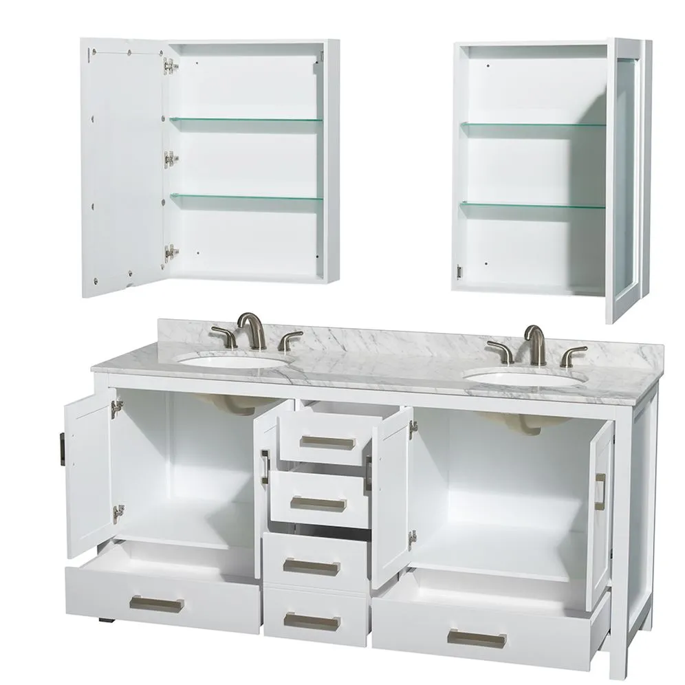 Wyndham Collection Sheffield 72-in White Double Sink Bathroom Vanity with White Carrara Marble Top, Mirror Included, photo 5 of 10