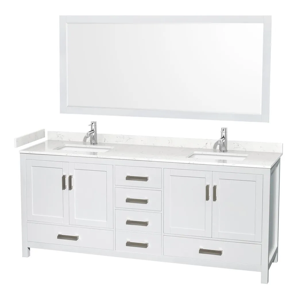 Wyndham Collection Sheffield 80-in White Double Sink Bathroom Vanity with White Carrara Marble Top, Mirror Included, photo 10 of 10