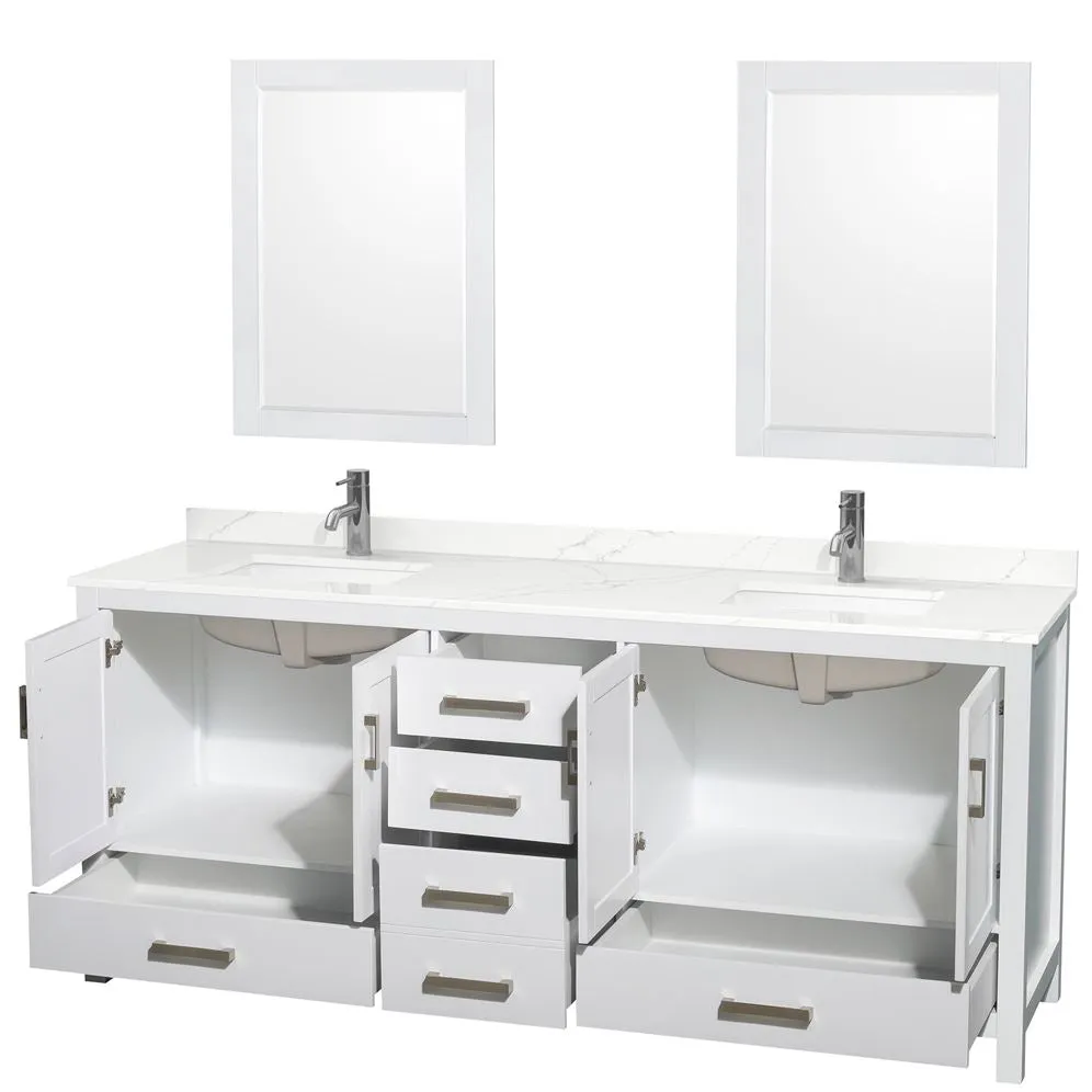 Wyndham Collection Sheffield 80-in White Double Sink Bathroom Vanity with White Carrara Marble Top, Mirror Included, photo 4 of 10