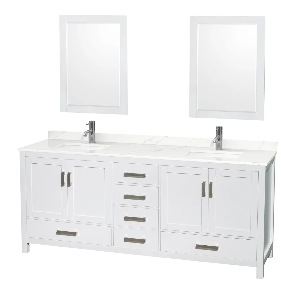Wyndham Collection Sheffield 80-in White Double Sink Bathroom Vanity with White Carrera Natural Marble Top, photo 3 of 10