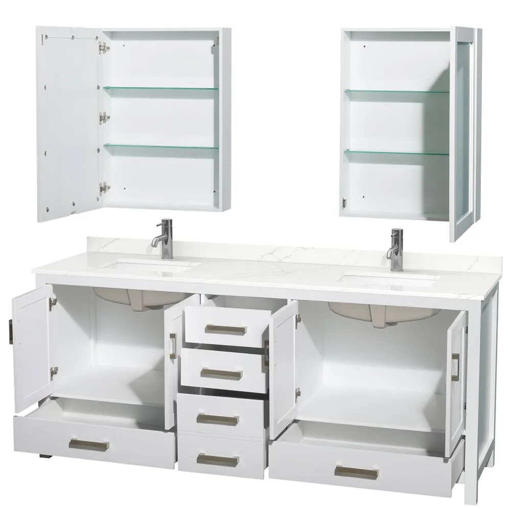 Wyndham Collection Sheffield 80-in White Double Sink Bathroom Vanity with White Carrara Marble Top, Mirror Included, photo 9 of 10
