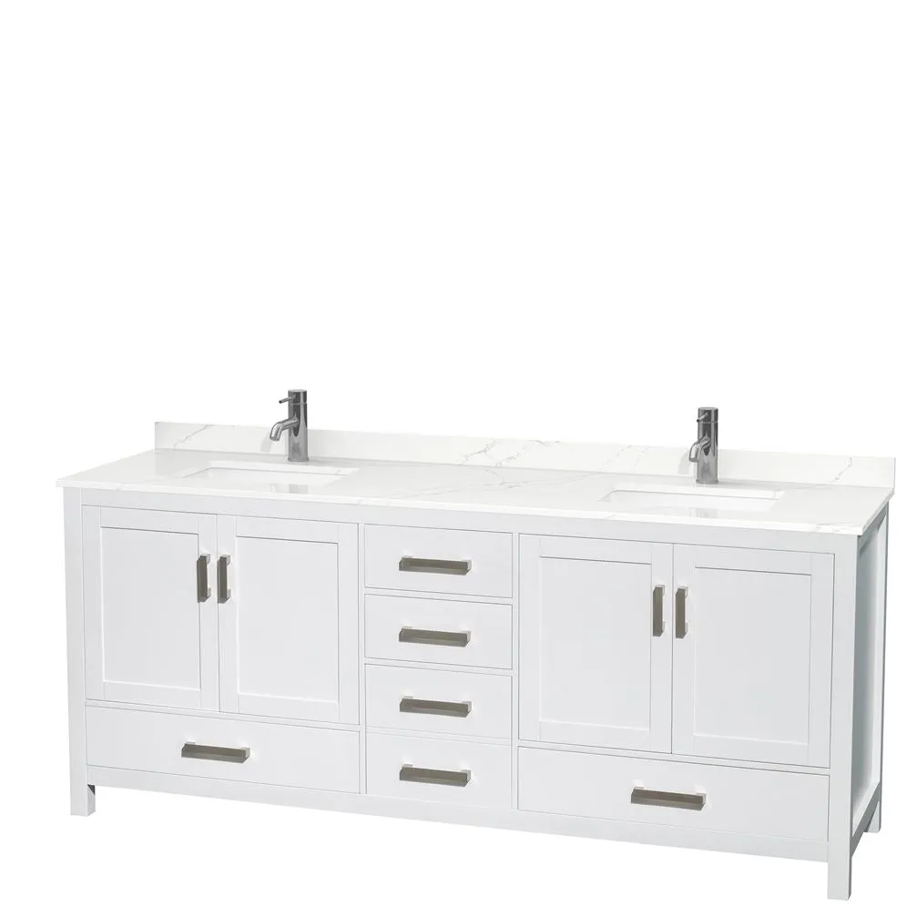 Wyndham Collection Sheffield 80-in White Double Sink Bathroom Vanity with White Carrara Marble Top, Mirror Included, photo 8 of 10