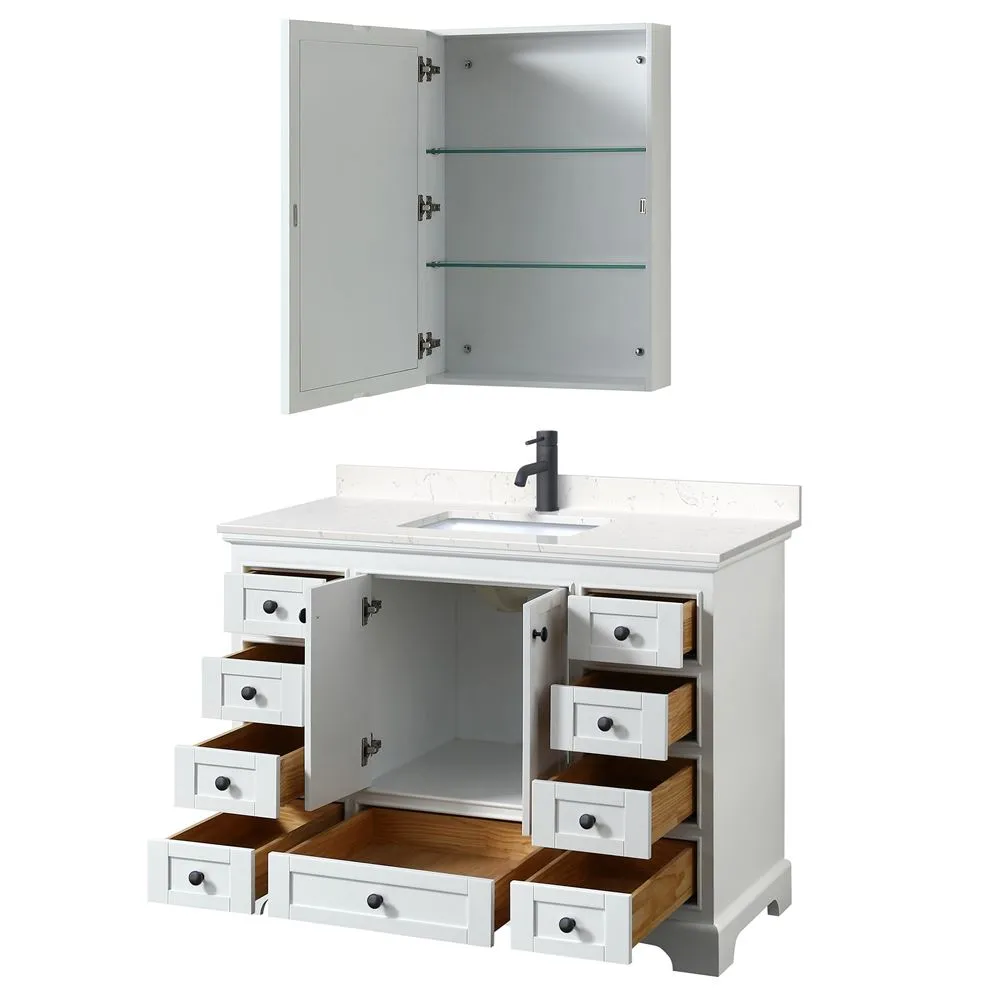 Wyndham Collection Deborah 48-in White Single Sink Bathroom Vanity with White Carrara Marble Top, Mirror Included, photo 6 of 7