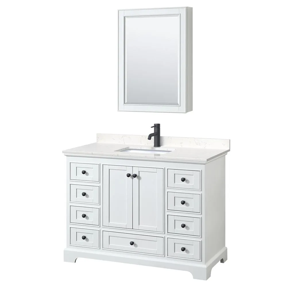 Wyndham Collection Deborah 48-in White Single Sink Bathroom Vanity with White Carrara Marble Top, Mirror Included, photo 7 of 7