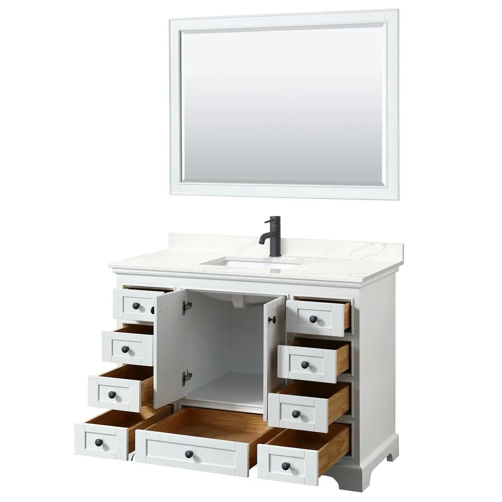 Wyndham Collection Deborah 48-in White Single Sink Bathroom Vanity with White Carrara Marble Top, Mirror Included, photo 3 of 7