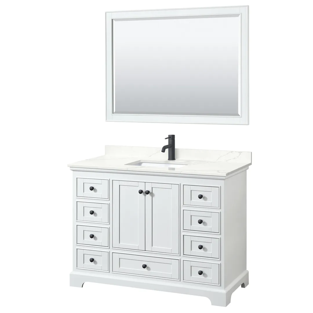 Wyndham Collection Deborah 48-in White Single Sink Bathroom Vanity with White Carrara Marble Top, Mirror Included, photo 2 of 7