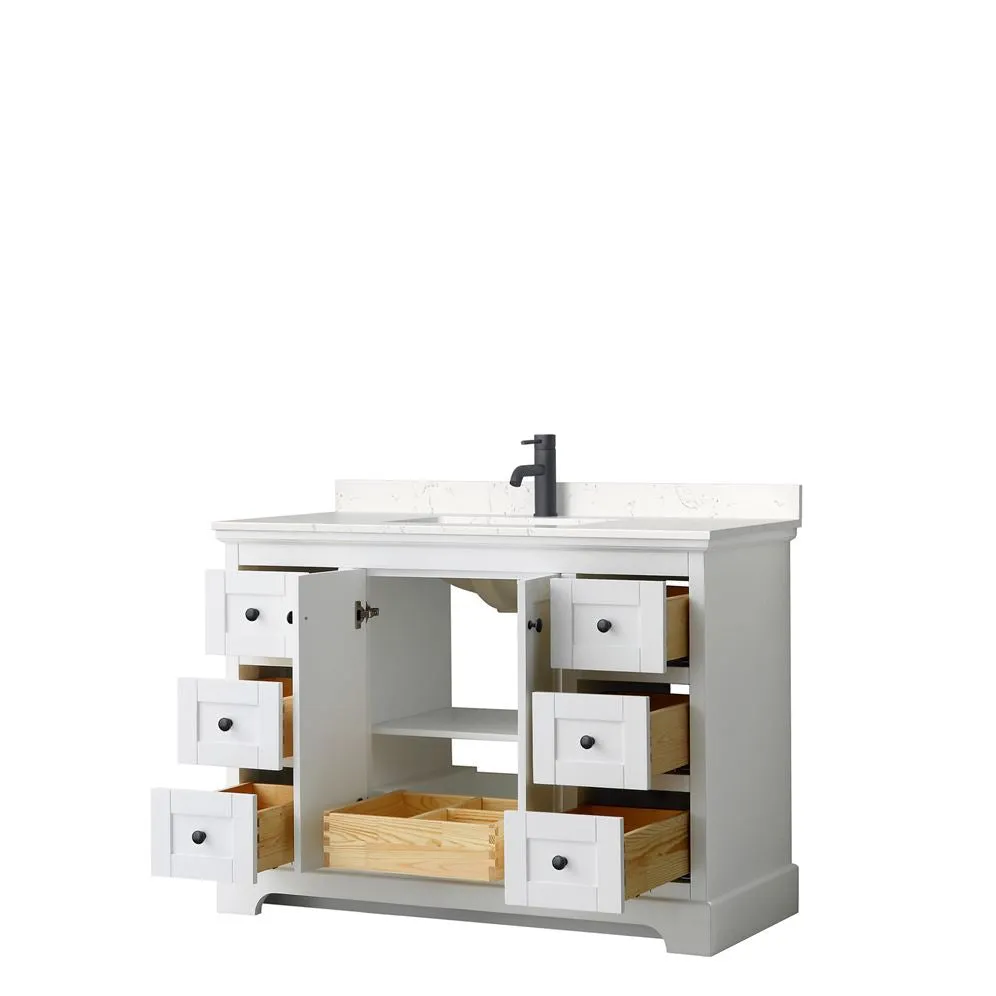 Wyndham Collection Avery 48-in White Single Sink Bathroom Vanity with White Carrara Marble Top, Mirror Included, photo 11 of 12