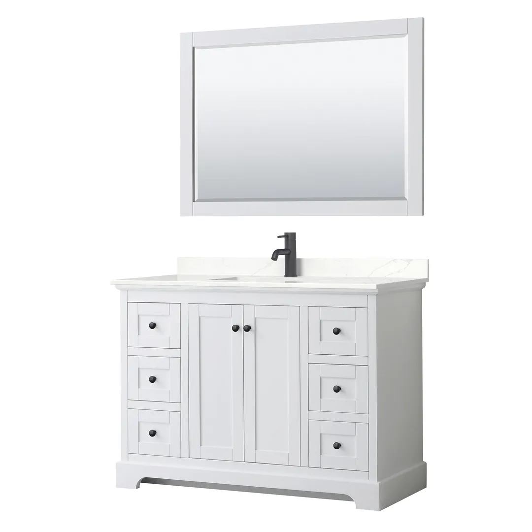Wyndham Collection Avery 48-in White Single Sink Bathroom Vanity with White Carrara Marble Top, Mirror Included, photo 5 of 12