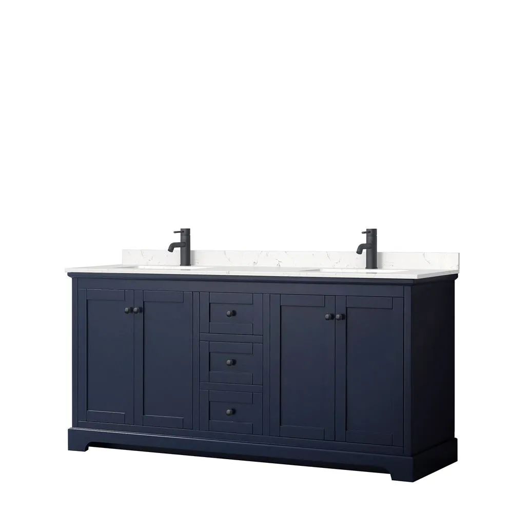 Wyndham Collection Avery 72-in Dark Blue Double Sink Bathroom Vanity with White Carrara Marble Top, Mirror Included, photo 11 of 11