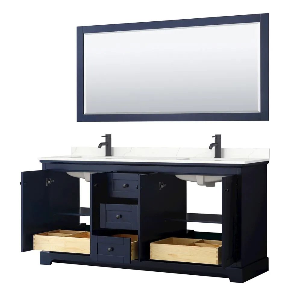 Wyndham Collection Avery 72-in Dark Blue Double Sink Bathroom Vanity with White Carrara Marble Top, Mirror Included, photo 6 of 11