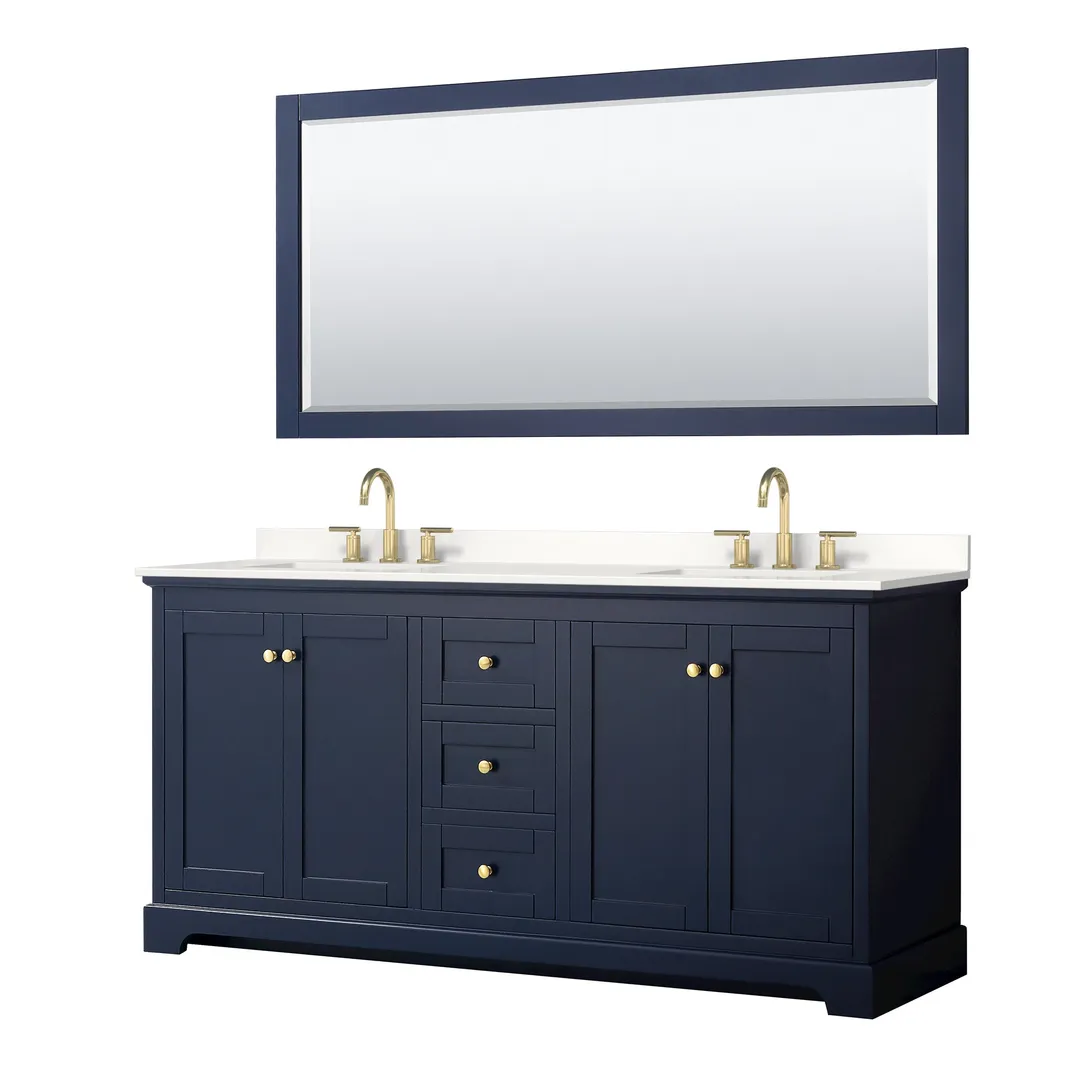 Wyndham Collection Avery 72-in Dark Blue Double Sink Bathroom Vanity with White Carrara Marble Top, Mirror Included, photo 5 of 11