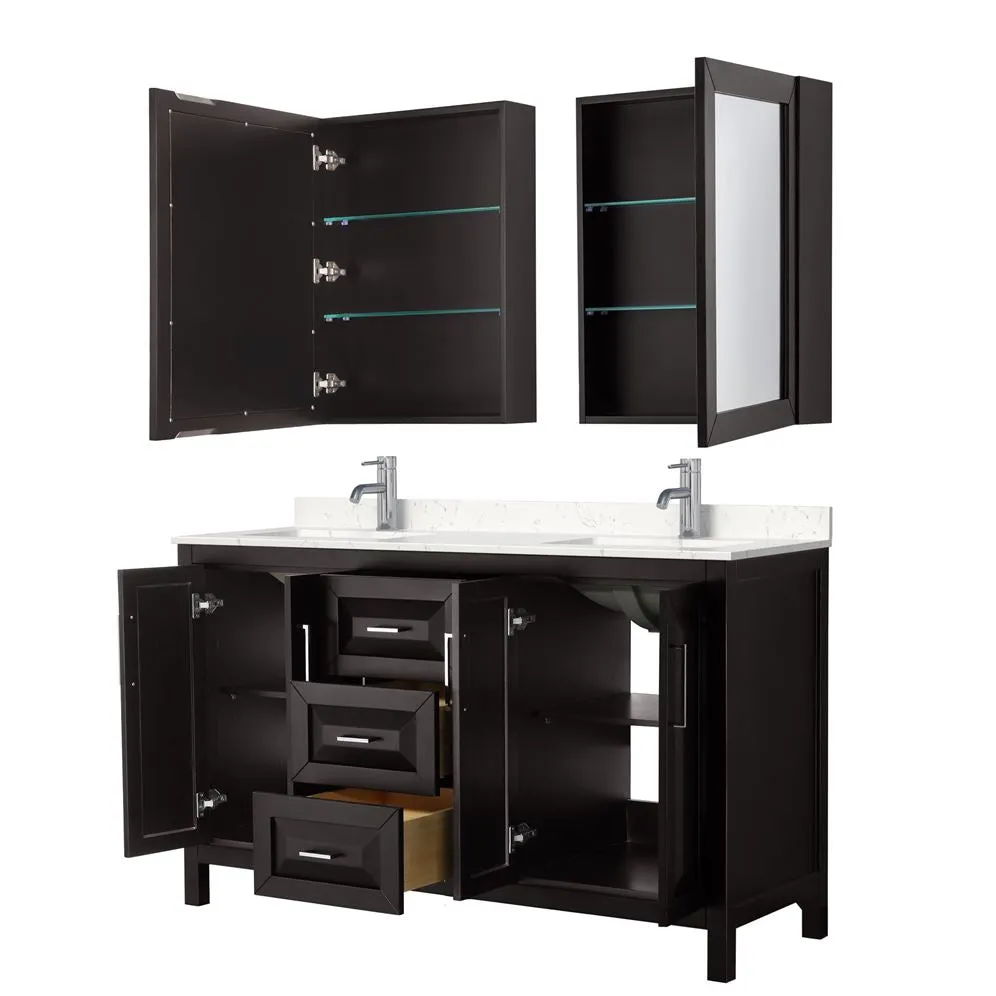 Wyndham Collection Daria 60-in Dark Espresso Double Sink Bathroom Vanity with White Carrara Marble Top, Mirror Included, photo 8 of 9