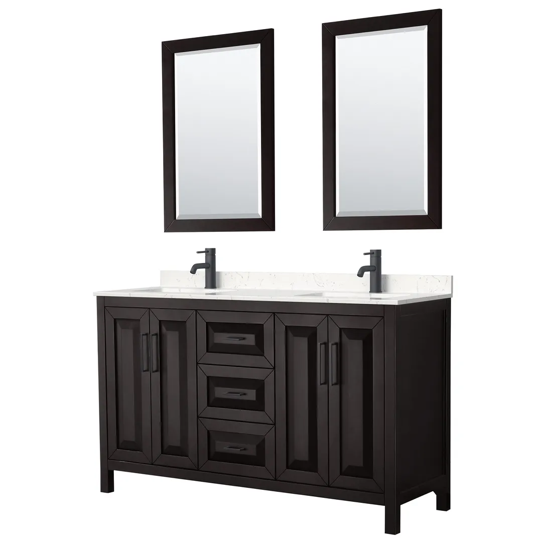 Wyndham Collection Daria 60-in Dark Espresso Double Sink Bathroom Vanity with White Carrara Marble Top, Mirrors Included, photo 2 of 9