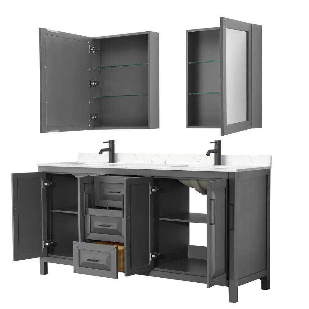 Wyndham Collection Daria 72-in Dark Gray Double Sink Bathroom Vanity with White Carrara Marble Top, Mirrors Included, photo 6 of 9