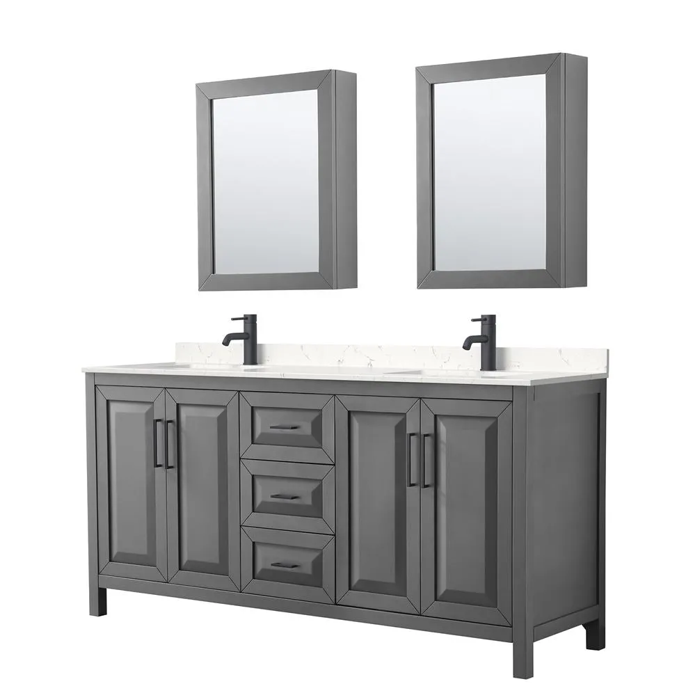 Wyndham Collection Daria 72-in Dark Gray Double Sink Bathroom Vanity with White Carrara Marble Top, Mirrors Included, photo 7 of 9