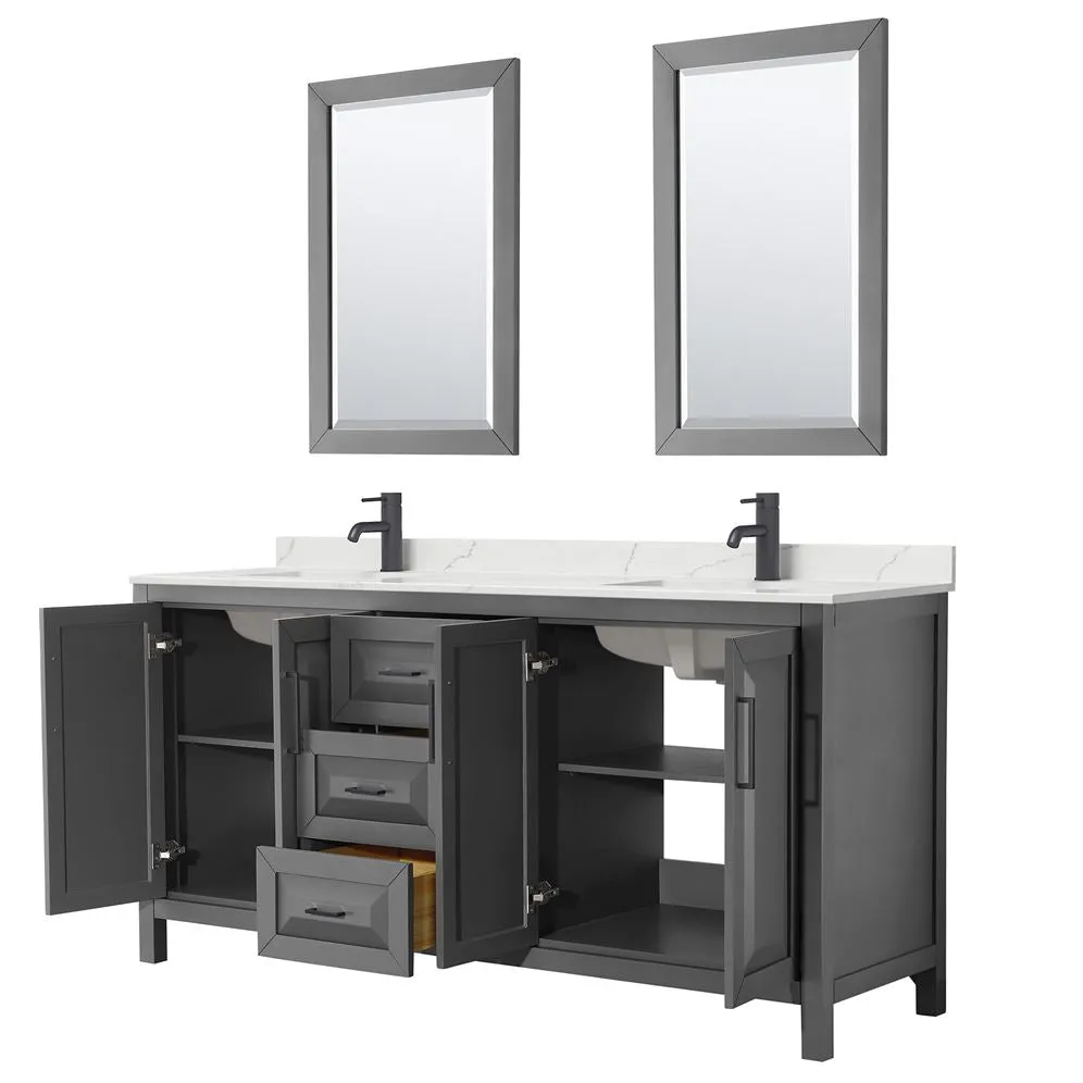 Wyndham Collection Daria 72-in Dark Gray Double Sink Bathroom Vanity with White Carrara Marble Top, Mirrors Included, photo 4 of 9