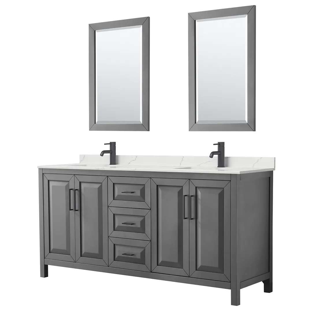 Wyndham Collection Daria 72-in Dark Gray Double Sink Bathroom Vanity with White Carrara Marble Top, Mirrors Included, photo 2 of 9
