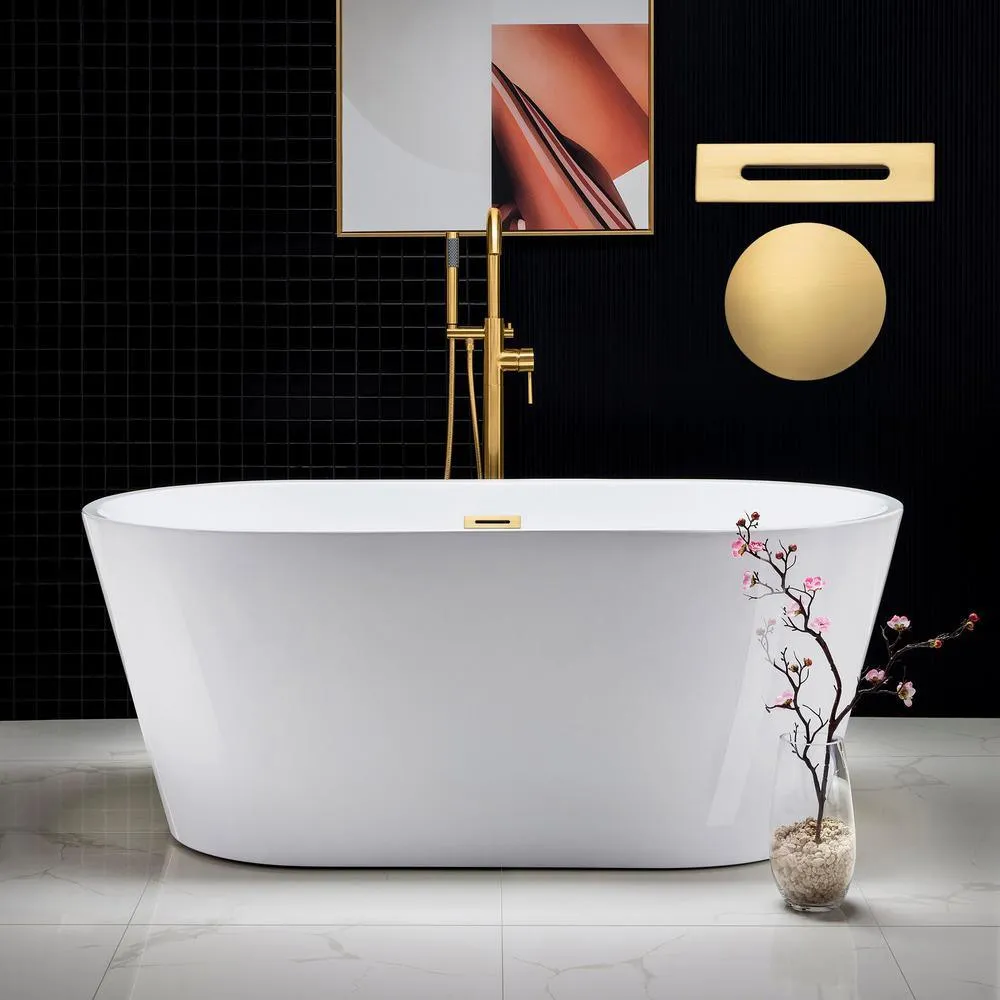 WOODBRIDGE Camden 59 in. Acrylic Freestanding Double-Ended Soaking Bathtub with Drain and Overflow, White, photo 7 of 9