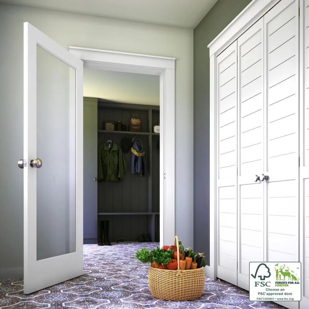28 in. x 80 in. 1-Lite Clear Glass True Divided White Finished Solid Core Wood French Interior Door Slab, photo 6 of 12