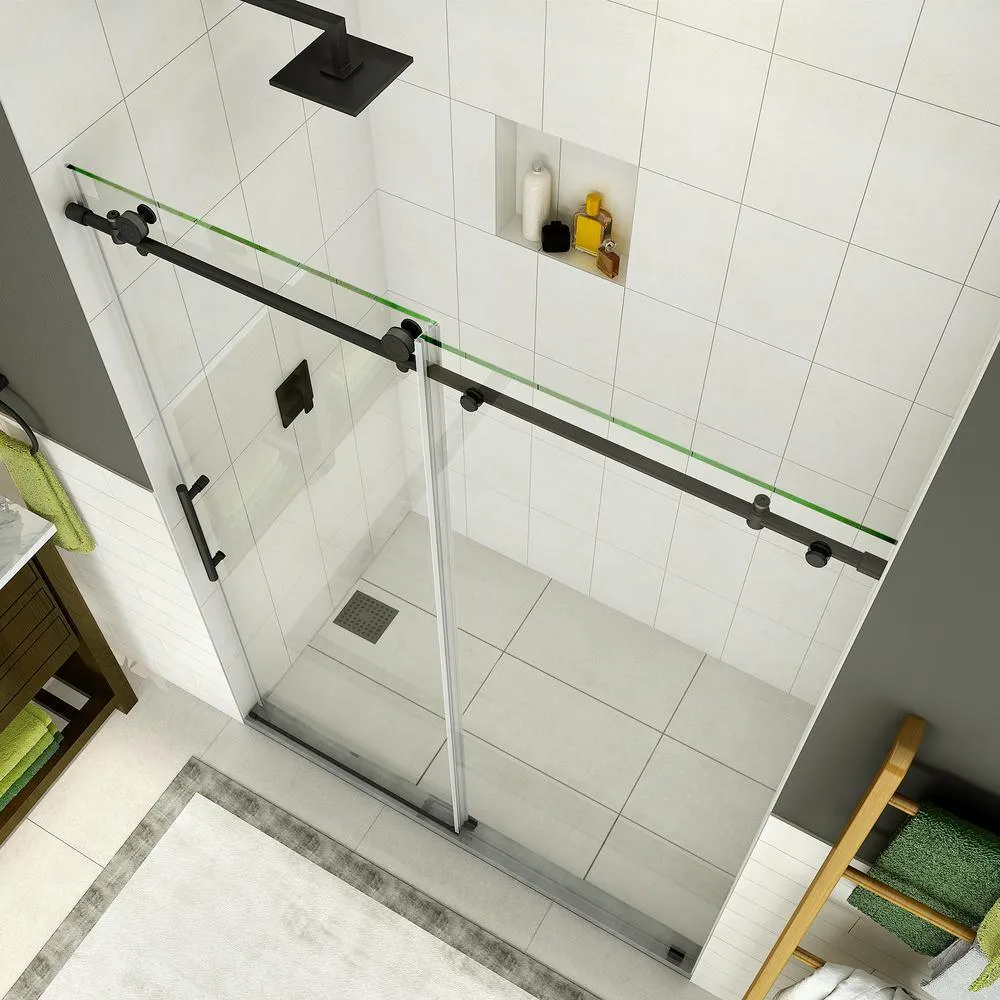Coraline 56 in. to 60 in. x 76 in. Frameless Sliding Shower Door in Matte Black, photo 2 of 13