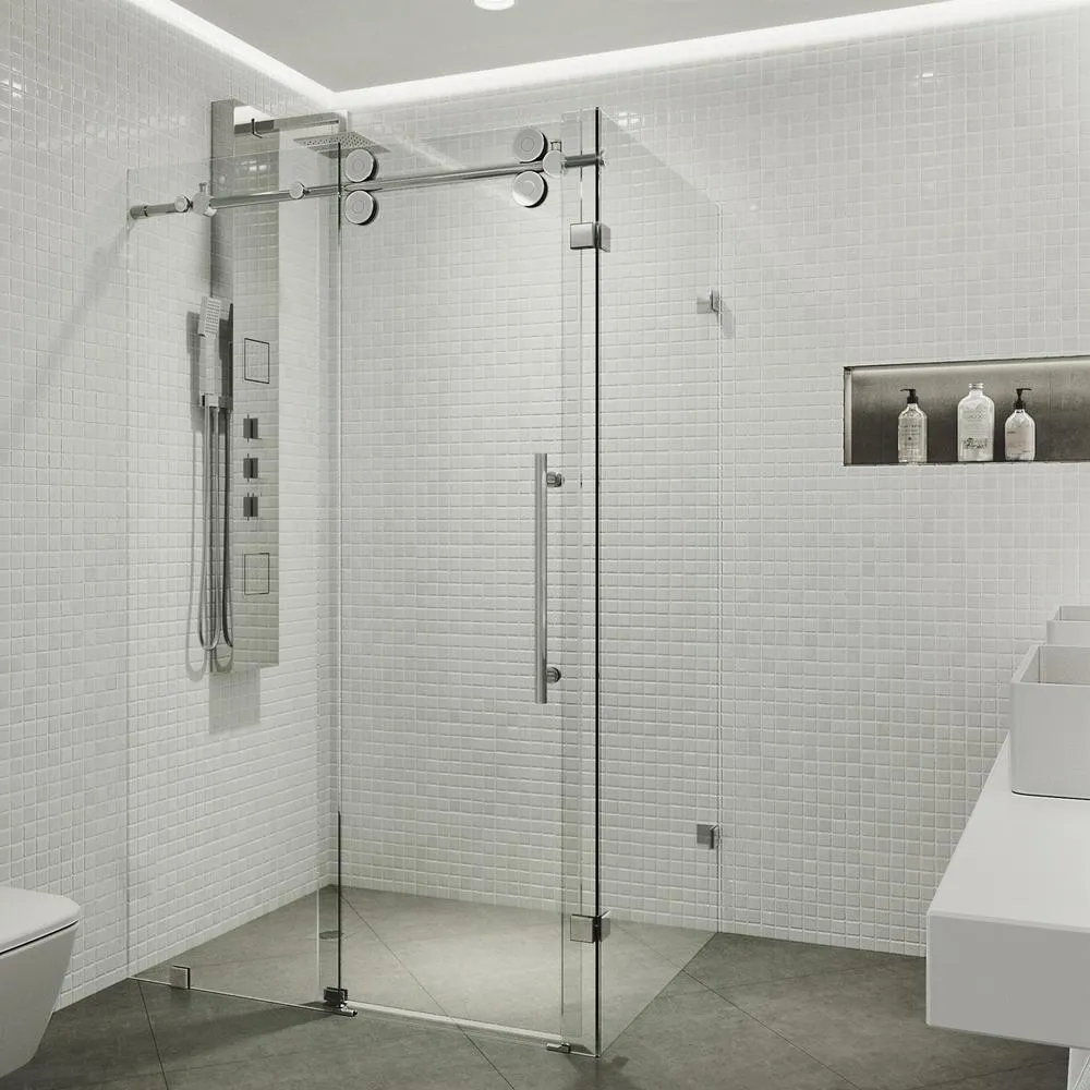 Winslow 34.625 in. x 74 in. Frameless Corner Bypass Shower Enclosure in Stainless Steel with Clear Glass, photo 14 of 15