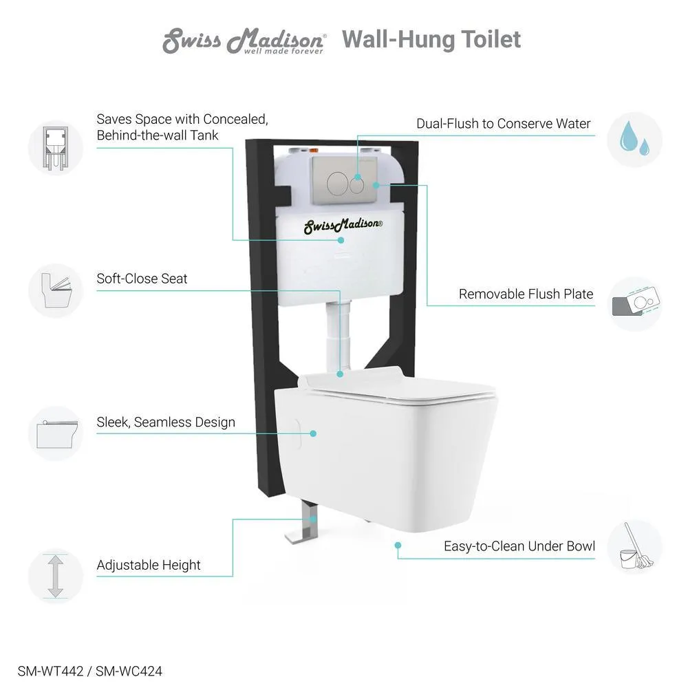 Swiss Madison 0.8/1.28 GPF Concorde Wall Hung Square Dual Flush Elongated Toilet Bowl in White, photo 6 of 11
