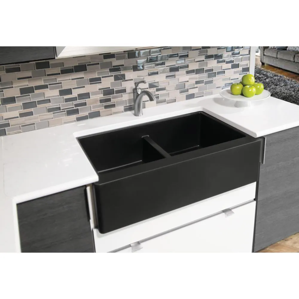Farmhouse Apron Front Quartz Composite 34 in. Double Bowl Kitchen Sink in Black, photo 7 of 20