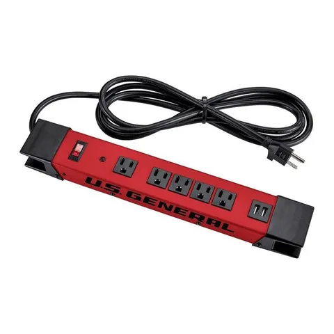 5-Outlet Magnetic Power Strip with Metal Housing and 2 USB Ports, Red