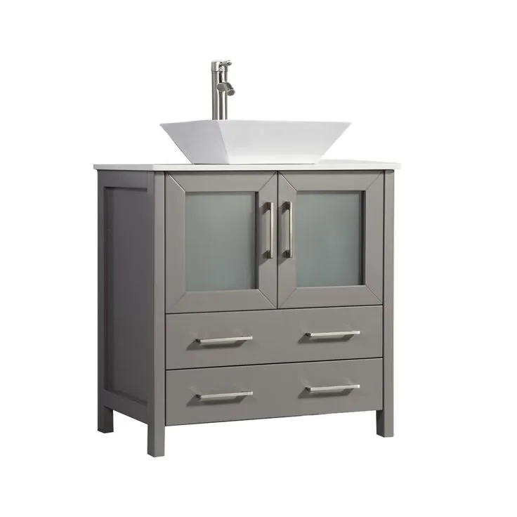 Ravenna 30 in. W x 18.5 in. D x 36 in. H Bathroom Vanity in Grey with Single Basin Top in White Ceramic and Mirror, photo 3 of 10