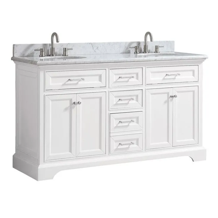 Windlowe 61 in. W x 22 in. D x 35 in. H Bath Vanity in White with Carrera Marble Vanity Top in White with White Sink, photo 5 of 10