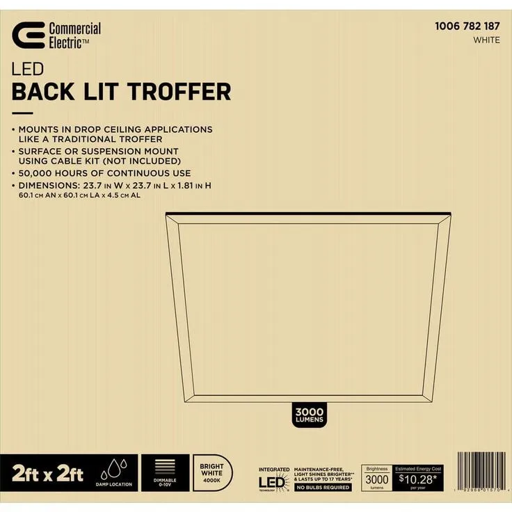 Commercial Electric 2 ft. x 2 ft. White Integrated LED Flat Panel Troffer Light Fixture at 3000 Lumens, 4000K Bright White, photo 2 of 5