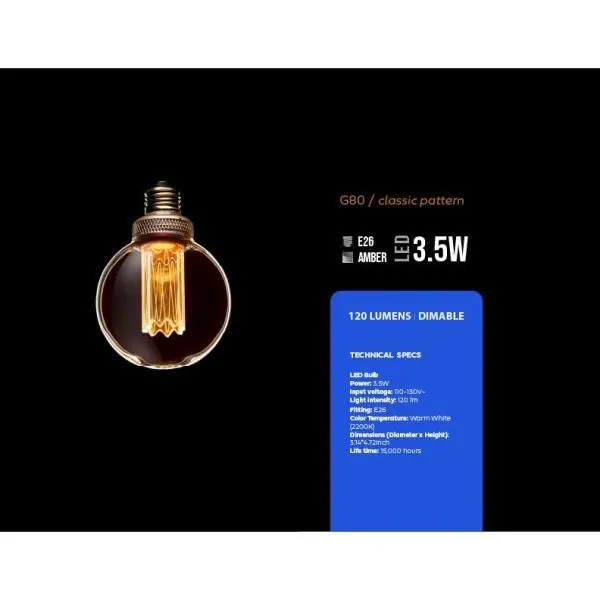 NEXT GLOW 20-Watt Equivalence G80 Globe UL Dimmable Laser Cut Classic Pattern E26 LED Light Bulb in Amber, 2000K (1-Bulb), photo 5 of 5