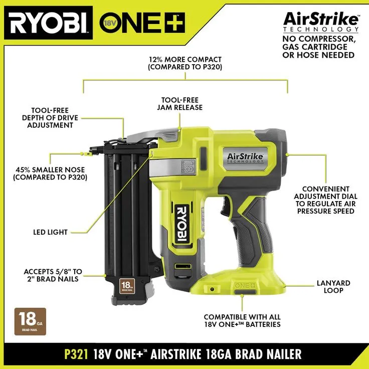 RYOBI 18-Volt ONE+ Cordless AirStrike 18-Gauge Brad Nailer (Tool Only) with Sample Nails, photo 7 of 8