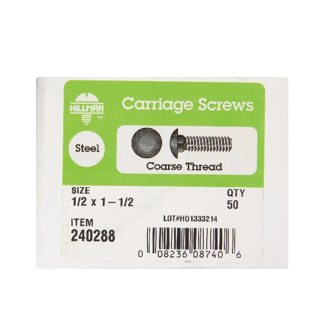 Hillman 1/2 in. x 1-1/2 in. Zinc-Plated Steel Carriage Bolt, Coarse Thread, 50-Pack, photo 2 of 2
