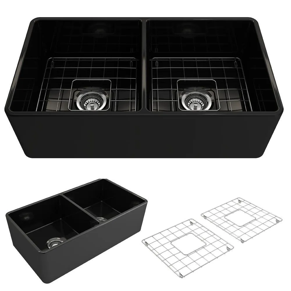 Classico Farmhouse Apron Front Fireclay 33 in. Double Bowl Kitchen Sink with Bottom Grid and Strainer in White, photo 12 of 15