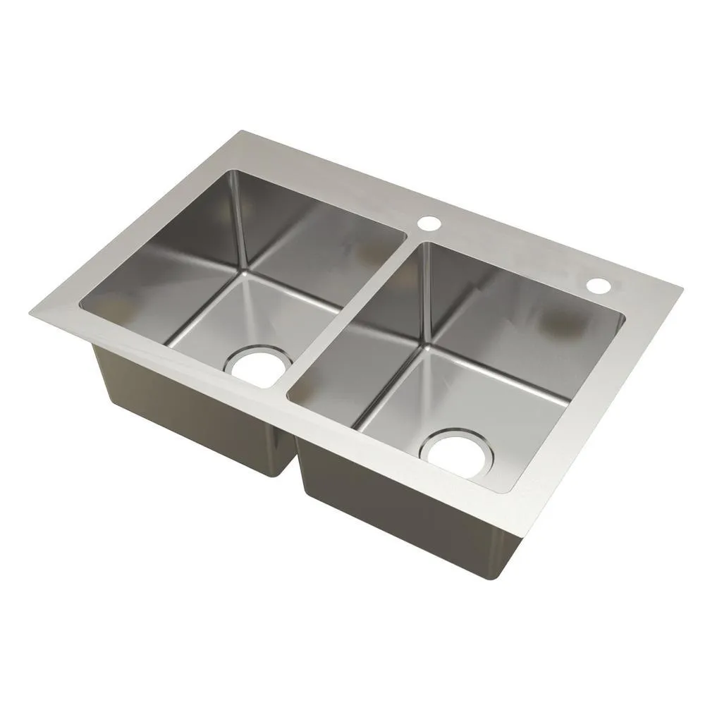 All-in-One Dual Mount Stainless Steel 33 in. 2-Hole 50/50 Double Bowl Kitchen Sink in Brushed Finish, photo 2 of 9