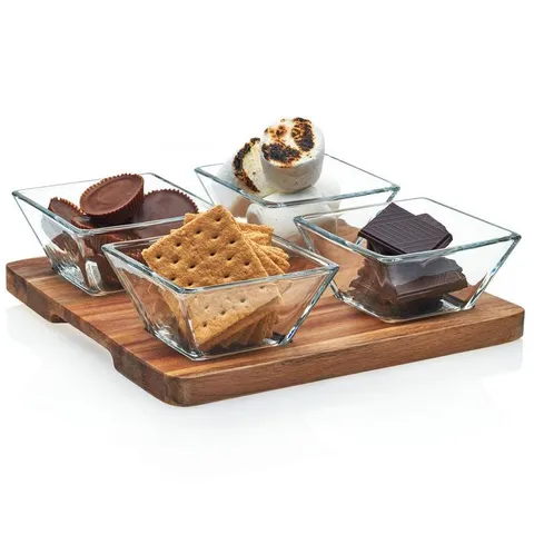 Acaciawood 4-Piece Glass Antipasto Bowl Set with Wood Serving Board
