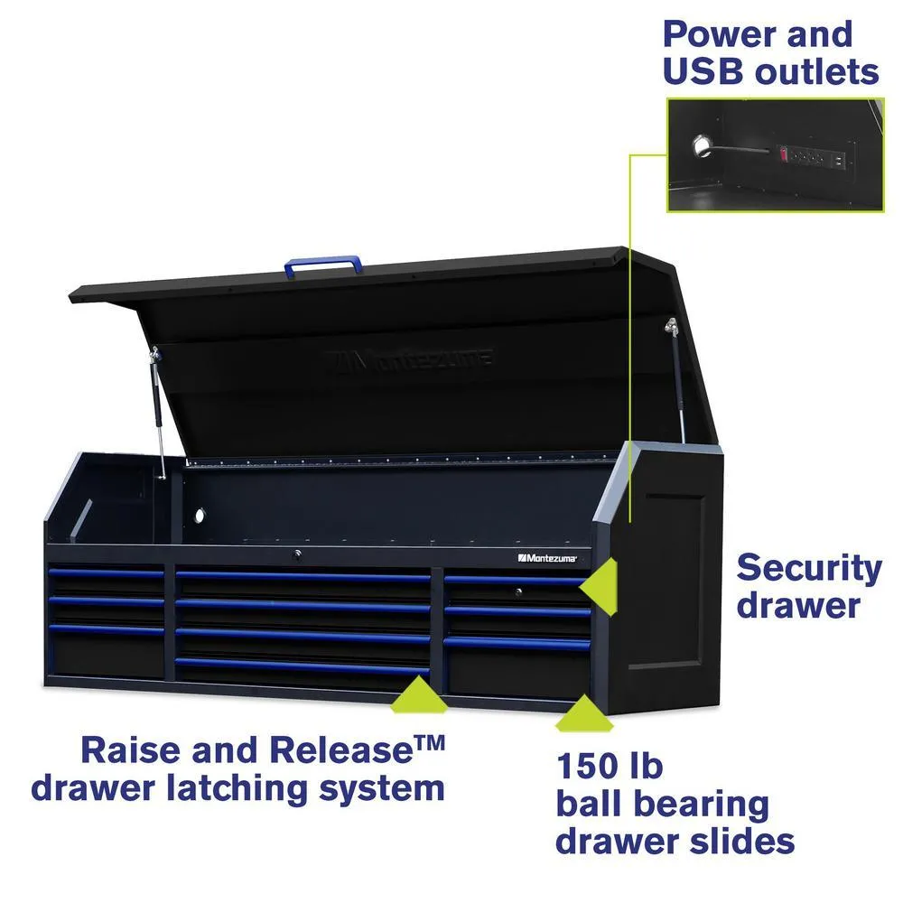 Montezuma 72 in. x 20 in. 10-Drawer Top Tool Chest with Power and USB Outlets in Black and Blue, photo 2 of 8