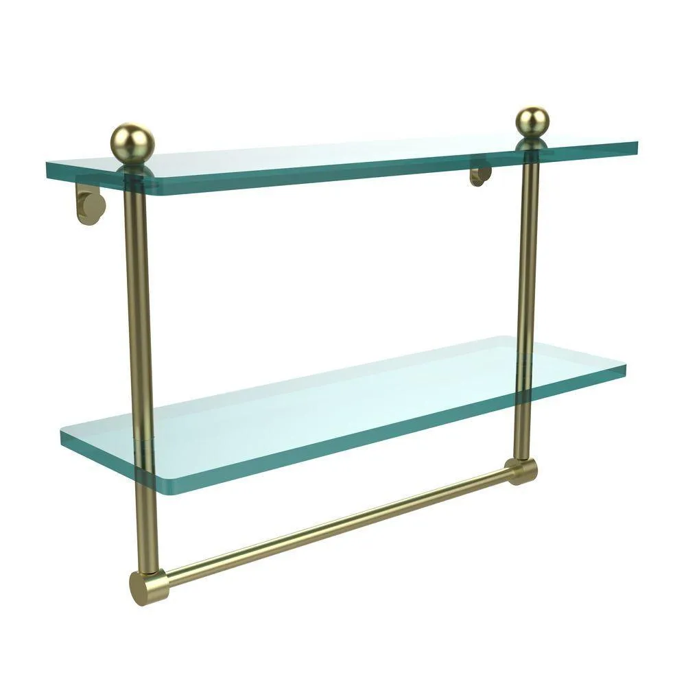 Allied Brass 16 in. L x 12 in. H x 5 in. W 2-Tier Clear Glass Bathroom Shelf with Towel Bar in Satin Nickel, photo 14 of 14