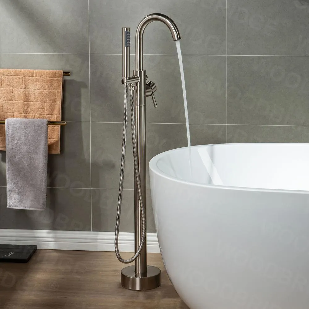 WOODBRIDGE Alacant 67 in. Acrylic Flatbottom Double Slipper White Freestanding Bathtub with Brushed Nickel Faucet, Overflow and Drain, photo 10 of 12