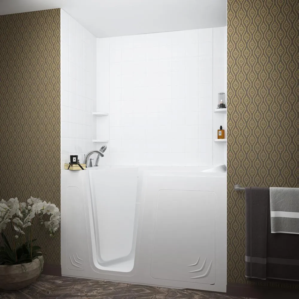 Universal Tubs Rampart 5 ft. Walk-in Whirlpool and Air Bathtub with 6 in. Tile Easy Up Adhesive Wall Surround in White, photo 13 of 21