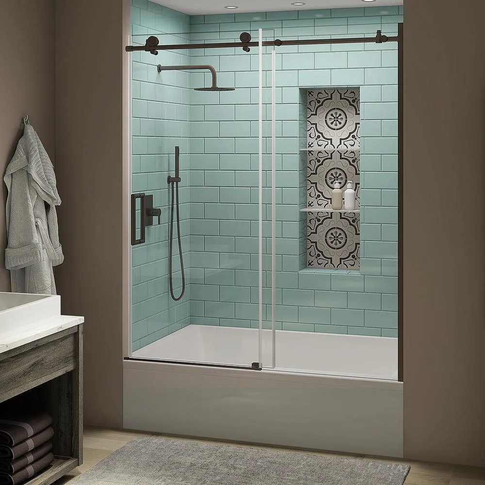 Coraline XL 56 - 60 in. x 70 in. Frameless Sliding Tub Door with StarCast Clear Glass in Stainless Steel, Left Opening, photo 8 of 22