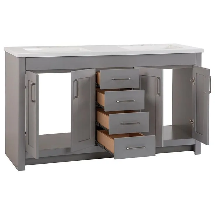 Westcourt 61 in. W Bath Vanity in Sterling Gray with Vanity Top in White with White Sinks and Mirrors, photo 2 of 7