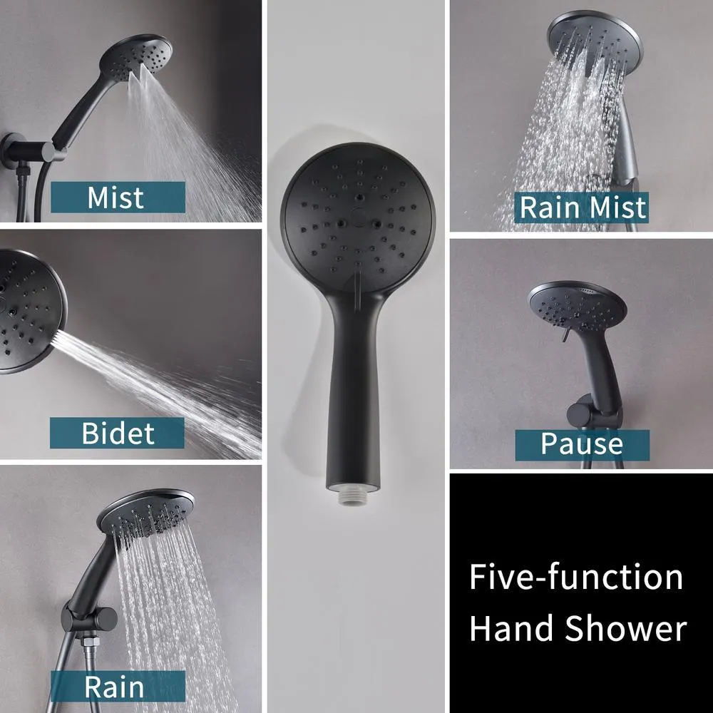 5-Spray Patterns with 2.66 GPM 9 in. Wall Mount Dual Shower Heads with Pressure Balance Round-In Valve in Matte Black, photo 10 of 12