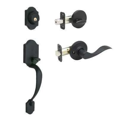 New Sandcast Collection Castille Aged Black Single Cylinder Deadbolt Entry Door Handleset with Tulum Knob Inside Trim